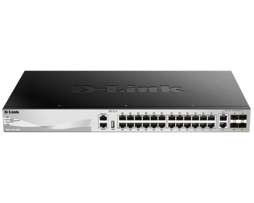 Коммутатор D-Link DGS-3130-30TS/A2A, PROJ L2+ Managed Switch with 24 10/100/1000Base-T ports and 2 10GBase-T ports and 4 10GBase-X SFP+ ports.16K Mac address, SIM, USB port, IPv6, SSL v3, 802.1Q VLAN,GVRP, 802