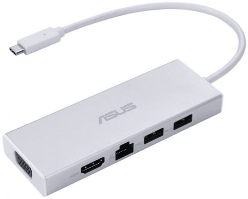 Док-станция ASUS USB OS200 USB-C DONGLE Docking Station.USB 3.0 х 2,RJ-45х1,VGAх1,HDMIх1.порт HDMI HDMI and VGA ports supports up to 2K (2048x1152), а порт DVI-I до 83 г/Серебристый