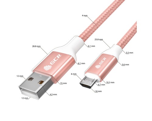 Кабель GCR QC 0.5m MicroUSB, быстрая зарядка, розовый нейлон, AL корпус розовый, белый ПВХ, 28/24 AWG, GCR-52464