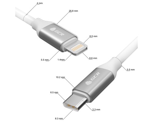 Кабель GCR 0.5m TypeC/Lightning MFI POWER DELIVERY 18 W, быстрая зарядка, белый силикон, AL корпус серебро, белый ПВХ, GCR-52359