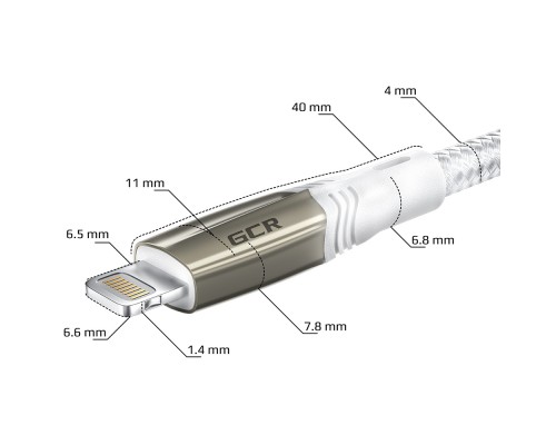 Кабель GCR 1.0m TypeC/Lightning MFI POWER DELIVERY 18 W, быстрая зарядка, белый нейлон, корпус relief, белый ПВХ, GCR-52633