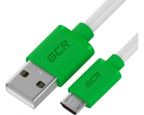 Кабель GCR QC 1.0m MicroUSB, быстрая зарядка, белый TPE, зеленые коннекторы, 28/22 AWG, GCR-52478