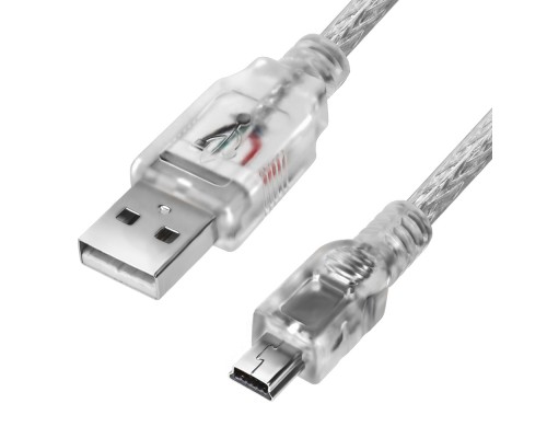 Кабель Greenconnect 1.5m USB 2.0, AM/mini 5P, прозрачный, ферритовое кольцо, 28/28 AWG, экран, армированный, морозостойкий, GCR-UM1M5P-BB2S-1.5m, экран, армированный, морозостойкий