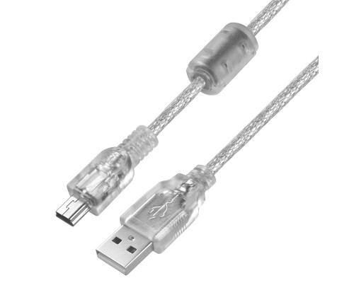 Кабель Greenconnect 1.5m USB 2.0, AM/mini 5P, прозрачный, ферритовое кольцо, 28/28 AWG, экран, армированный, морозостойкий, GCR-UM1M5P-BB2S-1.5m, экран, армированный, морозостойкий