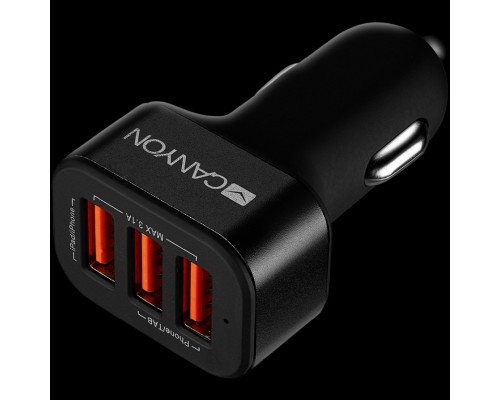 Автомобильное зарядное устройство CANYON C-06 Universal 3xUSB car adapter, Input 12V-24V, Output 5V-3.1A, black rubber coating+black metal ring (side with USB is in plastic), 66*35.2*25.1mm, 0.025kg