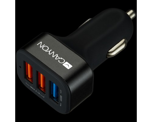 Автомобильное зарядное устройство CANYON C-07 Universal 3xUSB car adapter(1 USB with Quick Charger QC3.0), Input 12-24V, Output USB/5V-2.1A+QC3.0/5V-2.4A&9V-2A&12V-1.5A, with Smart IC, black rubber coating+black metal ring+QC3.0 port with blue/other