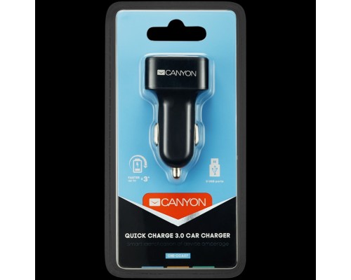 Автомобильное зарядное устройство CANYON C-07 Universal 3xUSB car adapter(1 USB with Quick Charger QC3.0), Input 12-24V, Output USB/5V-2.1A+QC3.0/5V-2.4A&9V-2A&12V-1.5A, with Smart IC, black rubber coating+black metal ring+QC3.0 port with blue/other