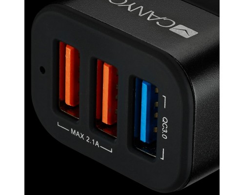 Автомобильное зарядное устройство CANYON C-07 Universal 3xUSB car adapter(1 USB with Quick Charger QC3.0), Input 12-24V, Output USB/5V-2.1A+QC3.0/5V-2.4A&9V-2A&12V-1.5A, with Smart IC, black rubber coating+black metal ring+QC3.0 port with blue/other