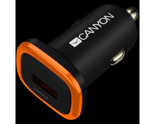 Автомобильное зарядное устройство CANYON C-01 Universal 1xUSB car adapter, Input 12V-24V, Output 5V-1A, black rubber coating with orange electroplated ring(without LED backlighting), 51.8*31.2*26.2mm, 0.016kg