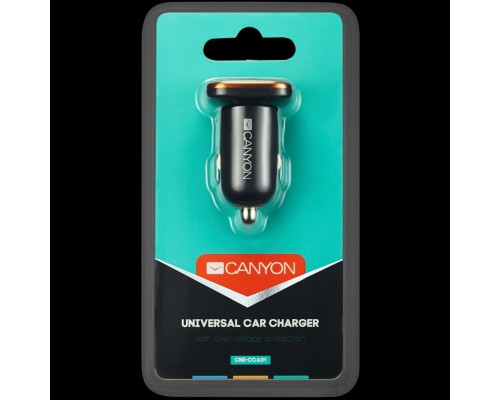 Автомобильное зарядное устройство CANYON C-01 Universal 1xUSB car adapter, Input 12V-24V, Output 5V-1A, black rubber coating with orange electroplated ring(without LED backlighting), 51.8*31.2*26.2mm, 0.016kg