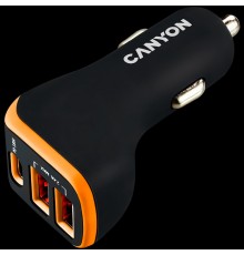Автомобильное зарядное устройство CANYON Universal 3xUSB car adapter, Input 12V-24V, Output DC USB-A 5V/2.4A(Max) + Type-C PD 18W, with Smart IC, Black+Orange with rubber coating, 71*39*26.2mm, 0.028kg                                                 