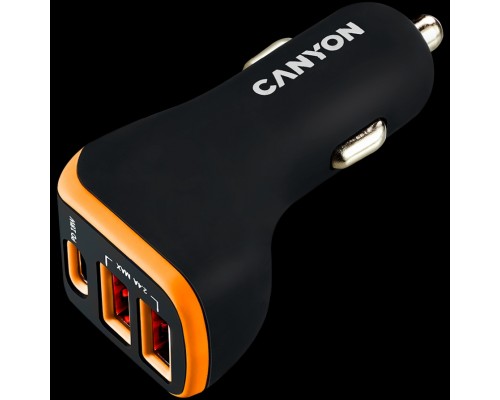 Автомобильное зарядное устройство CANYON Universal 3xUSB car adapter, Input 12V-24V, Output DC USB-A 5V/2.4A(Max) + Type-C PD 18W, with Smart IC, Black+Orange with rubber coating, 71*39*26.2mm, 0.028kg