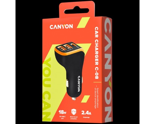 Автомобильное зарядное устройство CANYON Universal 3xUSB car adapter, Input 12V-24V, Output DC USB-A 5V/2.4A(Max) + Type-C PD 18W, with Smart IC, Black+Orange with rubber coating, 71*39*26.2mm, 0.028kg