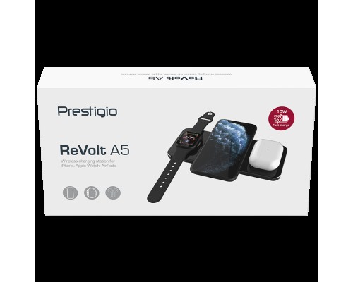 Беспроводное зарядное устройство Prestigio ReVolt A5, 3-in-1 wireless charging station for iPhone, Apple Watch, AirPods, wilreless output for phone 7.5W/10W, wireless output for AirPods 5W, wireless output for Apple Watch 2.5W, material: aluminum+tem