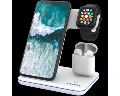 Беспроводное зарядное устройство CANYON WS-302 3in1 Wireless charger, with touch button for Running water light, Input 9V/2A, 12V/2A, Output 15W/10W/7.5W/5W, Type c to USB-A cable length 1.2m, 137*103*140mm, 0.22Kg, White