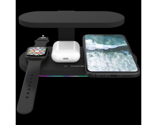 Беспроводное зарядное устройство CANYON WS-501 5in1 Wireless charger, with UV sterilizer, with touch button for Running water light, Input QC36W or PD30W, Output 15W/10W/7.5W/5W, USB-A 10W(max), Type c to USB-A cable length 1.2m, 188*90*81mm, 0.249Kg