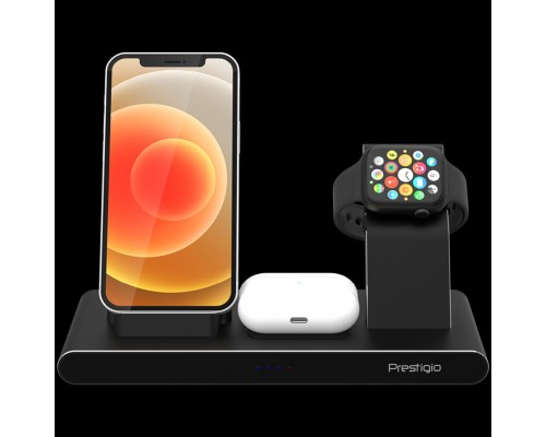 Беспроводное зарядное устройство Prestigio ReVolt A7, 3-in-1 wireless charging station for iPhone, Apple Watch, AirPods, wilreless output for phone 7.5W/10W, wireless output for AirPods 5W, wireless output for Apple Watch 2.5W, material: aluminum+tem