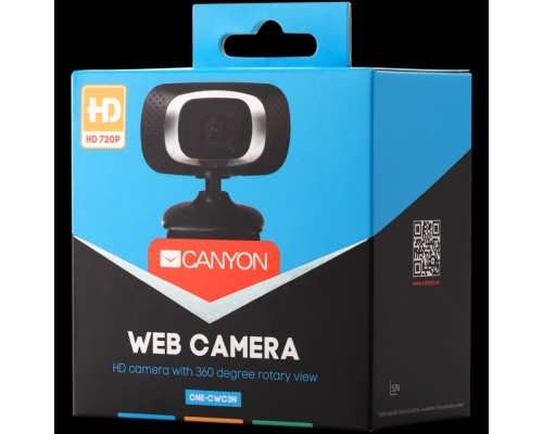 Веб-камера CANYON C3 720P HD webcam with USB2.0. connector, 360° rotary view scope, 1.0Mega pixels, Resolution 1280*720, viewing angle 60°, cable length 2.0m, Black, 62.2x46.5x57.8mm, 0.074kg