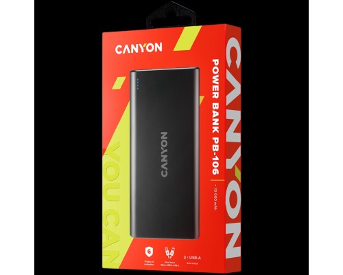 Внешний аккумулятор  CANYON PB-106 Power bank 10000mAh Li-poly battery, Input 5V/2A, Output 5V/2.1A(Max), USB cable length 0.3m, 140*68*16mm, 0.24Kg, Black