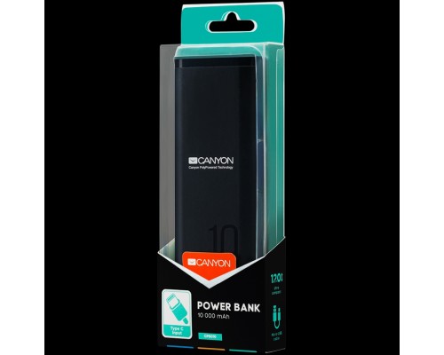 Внешний аккумулятор  CANYON PB-103 Power bank 10000mAh Li-poly battery, Input 5V/2A, Output 5V/2.1A, with Smart IC, Black, USB cable length 0.25m, 120*52*22mm, 0.210Kg