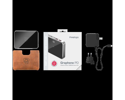 Внешний аккумулятор  Prestigio Graphene PD, fast charging powerbank, capacity 10000 mAh, 2*USB3.0 quick charge, 1*Type-C PD, wireless charging interface 10W, LED battery indicator, leather case, cable type C-USB, 60W adapter in the box, al