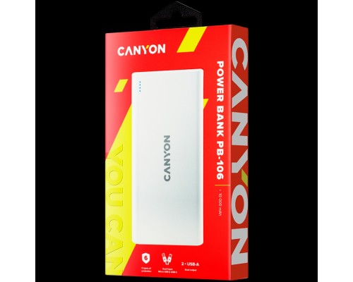 Внешний аккумулятор  CANYON PB-106 Power bank 10000mAh Li-poly battery, Input 5V/2A, Output 5V/2.1A(Max), USB cable length 0.3m, 140*68*16mm, 0.24Kg, White