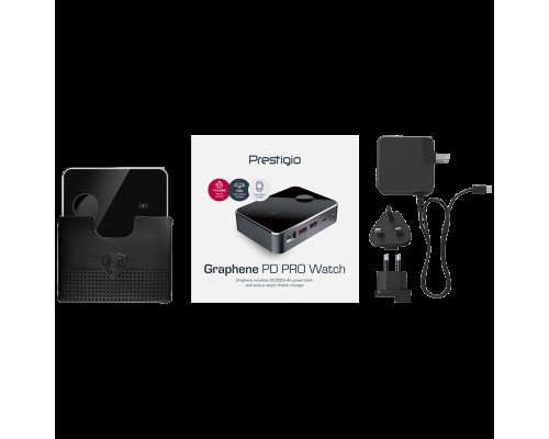 Внешний аккумулятор  Prestigio Graphene PD PRO Watch Edition, fast charging powerbank, 20000 mAh, 2*USB3.0 QC, 1*Type-C PD, wireless charger 10W, Apple Watch wireless charger 2,5W, LED indicator, leather case, cable type C-USB, 60W adapter