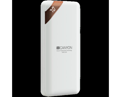 Внешний аккумулятор  CANYON PB-102 Power bank 10000mAh Li-poly battery, Input 5V/2A, Output 5V/2.1A(Max), with Smart IC and power display, White, USB cable length 0.25m, 137*67*13mm, 0.230Kg