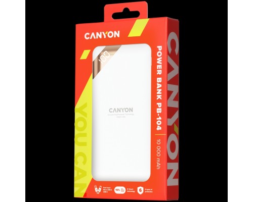 Внешний аккумулятор  CANYON PB-102 Power bank 10000mAh Li-poly battery, Input 5V/2A, Output 5V/2.1A(Max), with Smart IC and power display, White, USB cable length 0.25m, 137*67*13mm, 0.230Kg