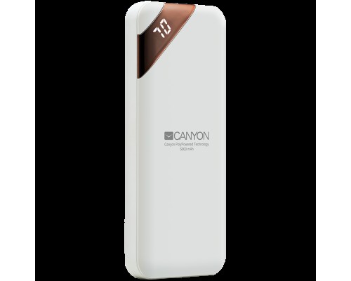 Внешний аккумулятор  CANYON PB-54 Power bank 5000mAh Li-poly battery, Input 5V/2A, Output 5V/2.1A, with Smart IC and power display, White, USB cable length 0.25m, 115*50*12mm, 0.120Kg