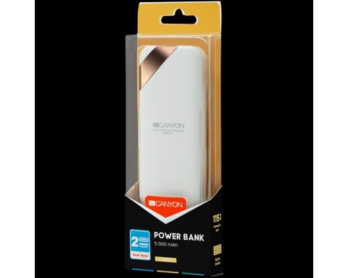 Внешний аккумулятор  CANYON PB-54 Power bank 5000mAh Li-poly battery, Input 5V/2A, Output 5V/2.1A, with Smart IC and power display, White, USB cable length 0.25m, 115*50*12mm, 0.120Kg