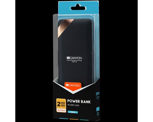 Внешний аккумулятор  CANYON PB-102 Power bank 10000mAh Li-poly battery, Input 5V/2A, Output 5V/2.1A(Max), with Smart IC and power display, Black, USB cable length 0.25m, 137*67*13mm, 0.230Kg