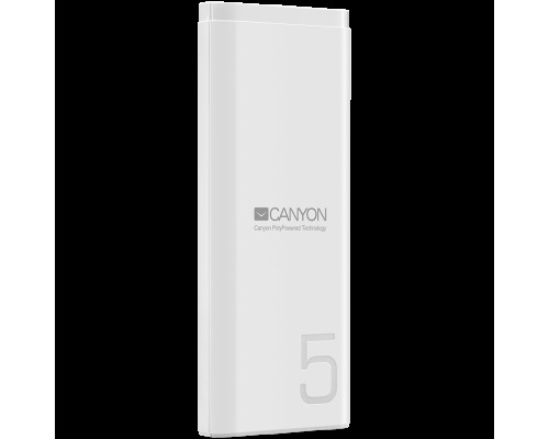 Внешний аккумулятор  CANYON PB-53 Power bank 5000mAh Li-poly battery, Input 5V/2A, Output 5V/2.1A, with Smart IC, White, USB cable length 0.25m, 120*52*12mm, 0.120Kg