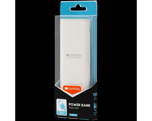 Внешний аккумулятор  CANYON PB-53 Power bank 5000mAh Li-poly battery, Input 5V/2A, Output 5V/2.1A, with Smart IC, White, USB cable length 0.25m, 120*52*12mm, 0.120Kg