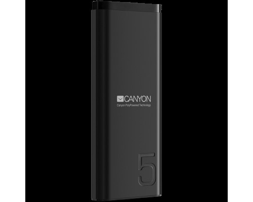 Внешний аккумулятор  CANYON PB-53 Power bank 5000mAh Li-poly battery, Input 5V/2A, Output 5V/2.1A, with Smart IC, Black, USB cable length 0.25m, 120*52*12mm, 0.120Kg