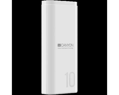 Внешний аккумулятор  CANYON PB-103 Power bank 10000mAh Li-poly battery, Input 5V/2A, Output 5V/2.1A, with Smart IC, White, USB cable length 0.25m, 120*52*22mm, 0.210Kg