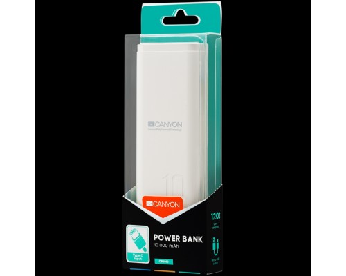 Внешний аккумулятор  CANYON PB-103 Power bank 10000mAh Li-poly battery, Input 5V/2A, Output 5V/2.1A, with Smart IC, White, USB cable length 0.25m, 120*52*22mm, 0.210Kg