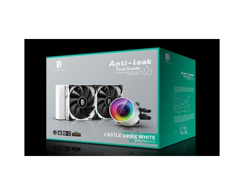 Комплект водяного охлаждения DEEPCOOL CASTLE 240EX WHITE LGA20XX/LGA1366/LGA115X/TR4/AM4/AM3/+/AM2/+/FM2/+/FM1 (6шт/кор,TDP 280W, ARGB Lighting pump, Anti-Leak edition, PWM, DUAL FAN) RET