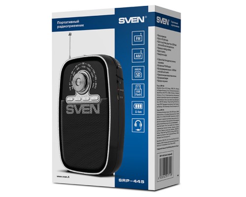 Портативная акустическая система АС SVEN SRP-445, черный (3 Вт, FM/AM, USB, microSD, встроенный аккумулятор)