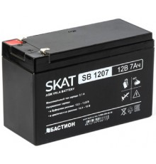 Аккумулятор SKAT SB 1207, 12V, 7Ah, maximum charge current 2.1 A. Terminal type - F1 knife. Case size - 66x151x100. Weight - 2.1 kg. Service life - 6 years. Warranty - 18 months.                                                                        