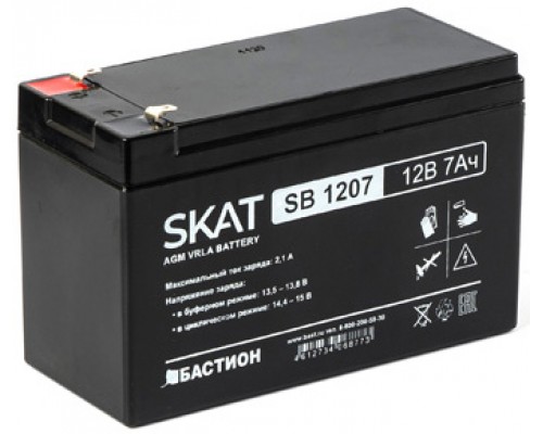 Аккумулятор SKAT SB 1207, 12V, 7Ah, maximum charge current 2.1 A. Terminal type - F1 knife. Case size - 66x151x100. Weight - 2.1 kg. Service life - 6 years. Warranty - 18 months.