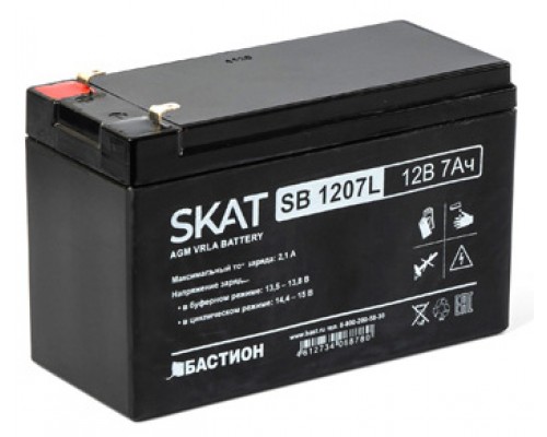 Аккумулятор SKAT SB 1207, 12V, 7Ah, maximum charge current 2.1 A. Terminal type - F1 knife. Case size - 66x151x100. Weight - 2.1 kg. Service life - 6 years. Warranty - 18 months.