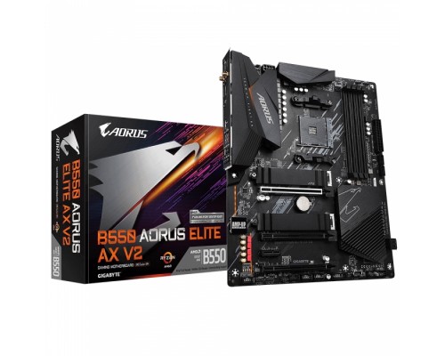 Материнская плата B550 AORUS ELITE AX V2, Socket AM4, AMD B550, 4xDDR4-3200, HDMI+DP, 3xPCI-Ex16, 1xPCI-Ex1, 4xSATA3(RAID 0/1/10), 2xM.2, 8 Ch Audio, 2.5GLan, WiFi, (2+4)xUSB2.0, (5+2)xUSB3.2, (0+1)xUSB3.2 Type-C™, ATX, RTL