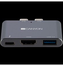 Док-станция CANYON DS-1 Multiport Docking Station with 3 port, with Thunderbolt 3 Dual type C male port, 1*Thunderbolt 3 female+1*HDMI+1*USB3.0. Input 100-240V, Output USB-C PD100W&USB-A 5V/1A, Aluminium alloy, Space gray, 59*35.5*10mm, 0.028kg      