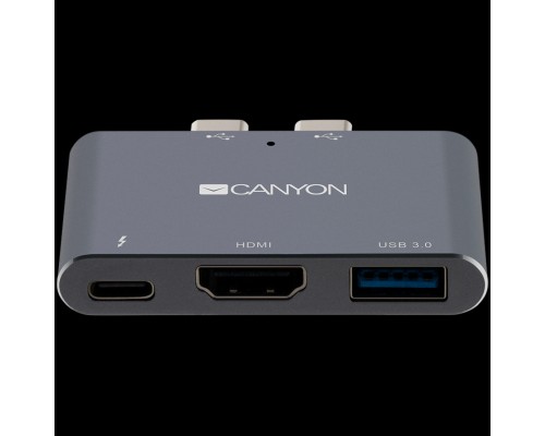 Док-станция CANYON DS-1 Multiport Docking Station with 3 port, with Thunderbolt 3 Dual type C male port, 1*Thunderbolt 3 female+1*HDMI+1*USB3.0. Input 100-240V, Output USB-C PD100W&USB-A 5V/1A, Aluminium alloy, Space gray, 59*35.5*10mm, 0.028kg