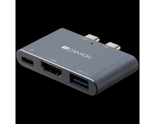 Док-станция CANYON DS-1 Multiport Docking Station with 3 port, with Thunderbolt 3 Dual type C male port, 1*Thunderbolt 3 female+1*HDMI+1*USB3.0. Input 100-240V, Output USB-C PD100W&USB-A 5V/1A, Aluminium alloy, Space gray, 59*35.5*10mm, 0.028kg