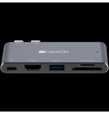 Док-станция CANYON DS-5 Multiport Docking Station with 5 port, with Thunderbolt 3 Dual type C male port, 1*Thunderbolt 3 female+1*HDMI+1*USB3.0+1*SD+1*TF. Input 100-240V, Output USB-C PD100W&USB-A 5V/1A, Aluminium alloy, Space gray, 90*41*11mm, 0.04k