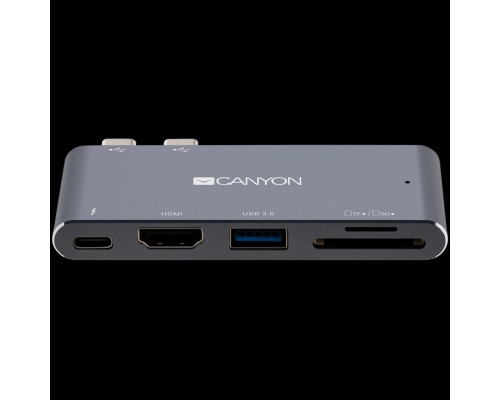 Док-станция CANYON DS-5 Multiport Docking Station with 5 port, with Thunderbolt 3 Dual type C male port, 1*Thunderbolt 3 female+1*HDMI+1*USB3.0+1*SD+1*TF. Input 100-240V, Output USB-C PD100W&USB-A 5V/1A, Aluminium alloy, Space gray, 90*41*11mm, 0.04k