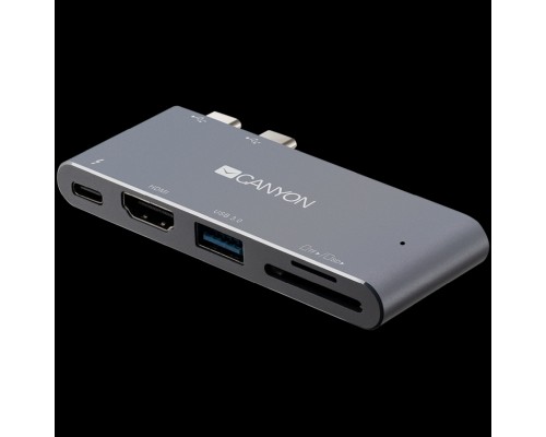 Док-станция CANYON DS-5 Multiport Docking Station with 5 port, with Thunderbolt 3 Dual type C male port, 1*Thunderbolt 3 female+1*HDMI+1*USB3.0+1*SD+1*TF. Input 100-240V, Output USB-C PD100W&USB-A 5V/1A, Aluminium alloy, Space gray, 90*41*11mm, 0.04k