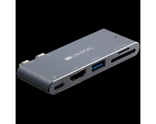 Док-станция CANYON DS-5 Multiport Docking Station with 5 port, with Thunderbolt 3 Dual type C male port, 1*Thunderbolt 3 female+1*HDMI+1*USB3.0+1*SD+1*TF. Input 100-240V, Output USB-C PD100W&USB-A 5V/1A, Aluminium alloy, Space gray, 90*41*11mm, 0.04k